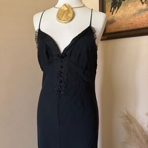 Vintage Black Lace-Trim Slip Dress with Button Front